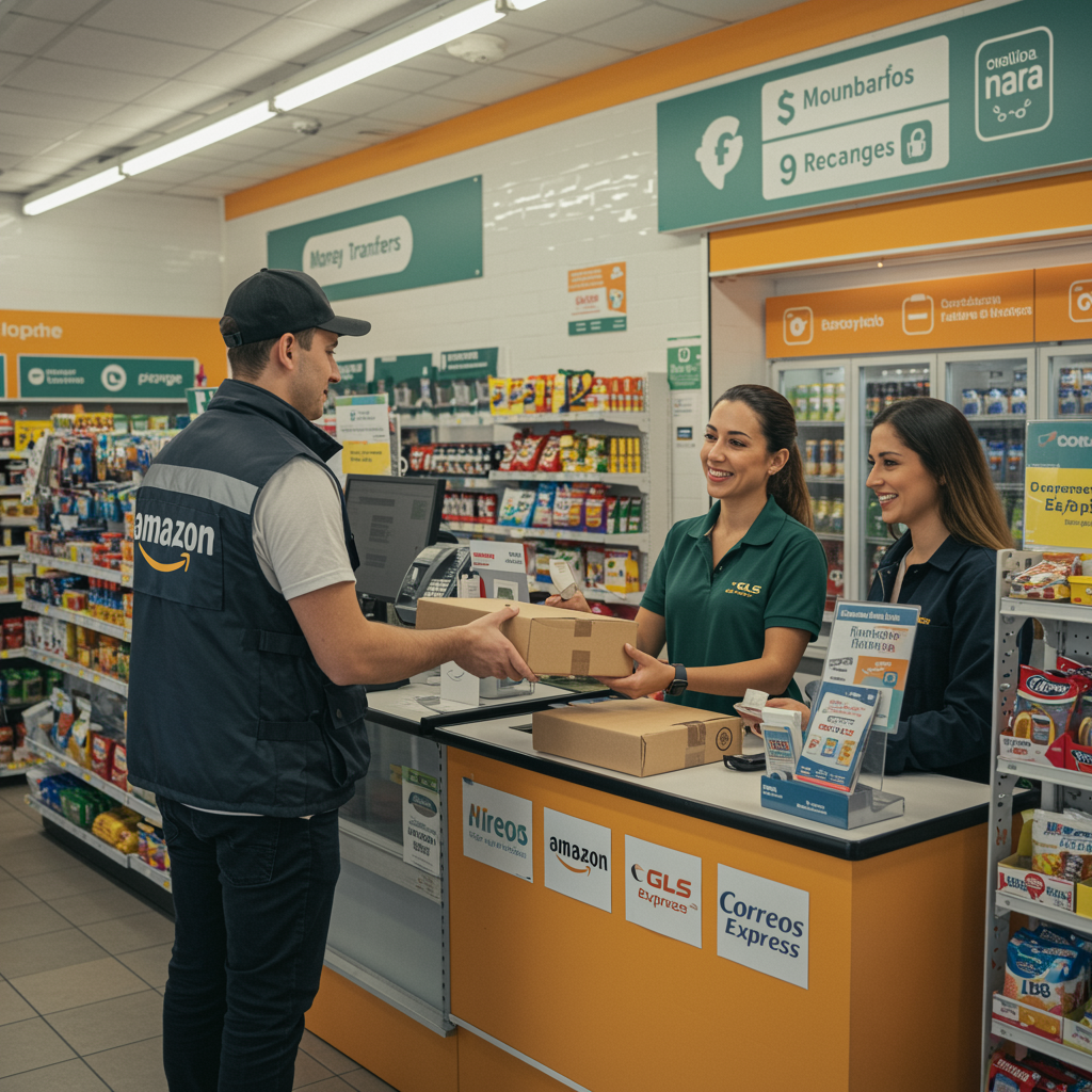 "Escena realista de un hub de servicios integrados en Murcia, con un mensajero entregando un paquete a una asistente en un colorido interior, resaltando la conveniencia y el servicio comunitario."