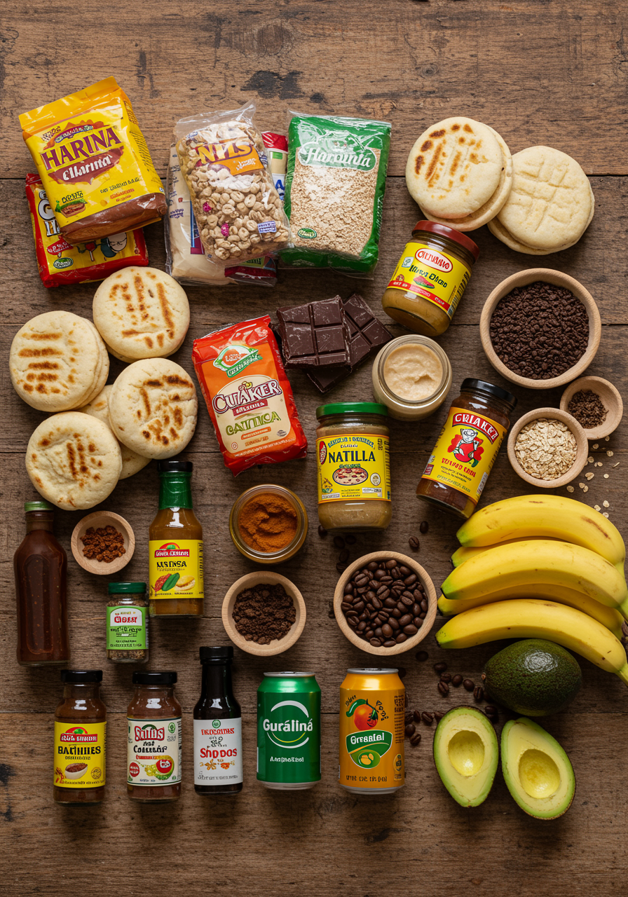 imagen3 1 "Impresionante composición de productos latinos en una mesa de madera envejecida: arepas, harinas, chocolate, natilla, avena, achiote, especias, café, guaraná y plátanos con aguacate, iluminada por luz natural."