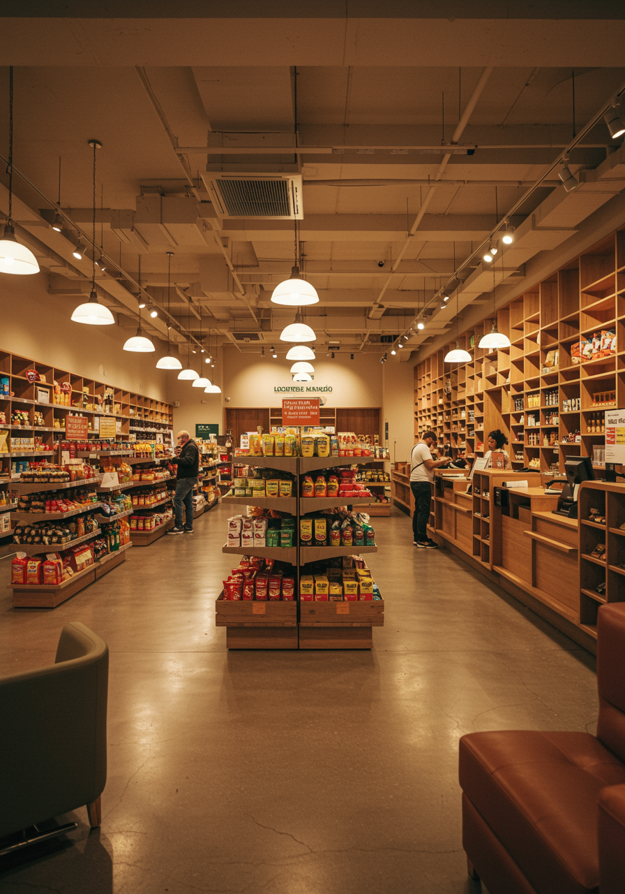 imagen3 "Vista panorámica del hall principal de Locutorio Mamadou, un espacio integrado con estanterías de productos latinoamericanos y un mostrador de servicios, que refleja un ambiente cálido y comunitario."