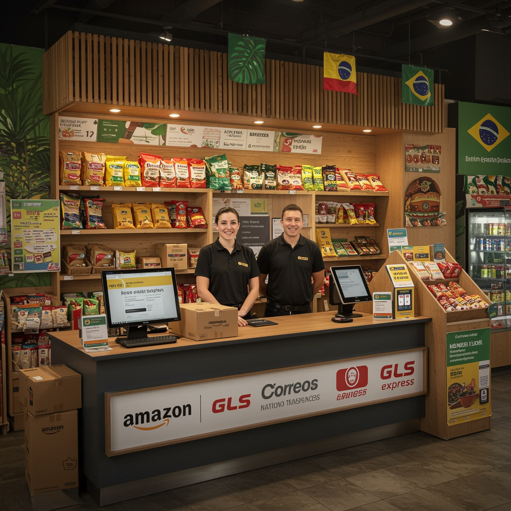 imagen5 2 "Mostrador moderno latinoamericano en una tienda especializada, con personal amable y productos típicos como arepas y chocolates, ideal para servicios de envío y remesas internacionales."