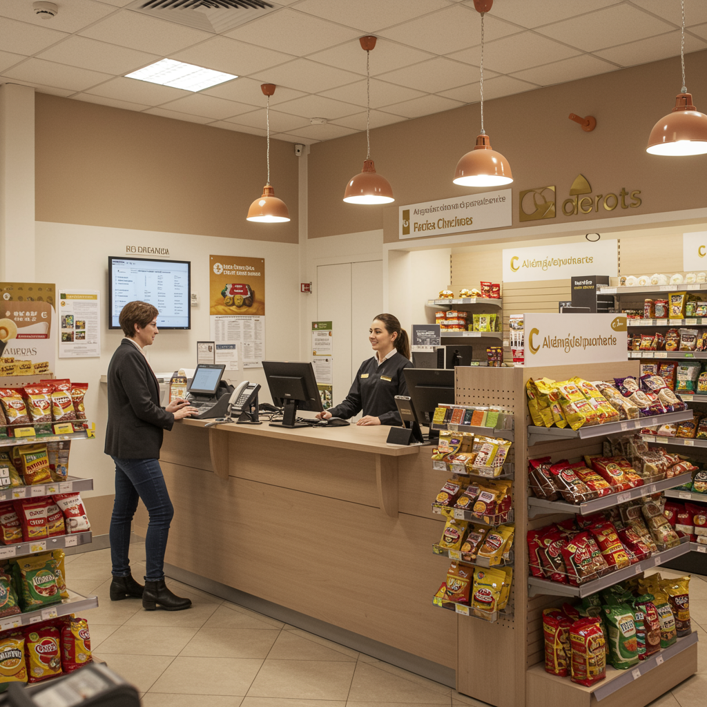 "Ilustración digital de alta resolución del interior de una moderna tienda de comunicación y paquetería en Alquerías, Murcia, con un mostrador de servicio, atención al cliente y productos latinoamericanos en coloridos empaques."