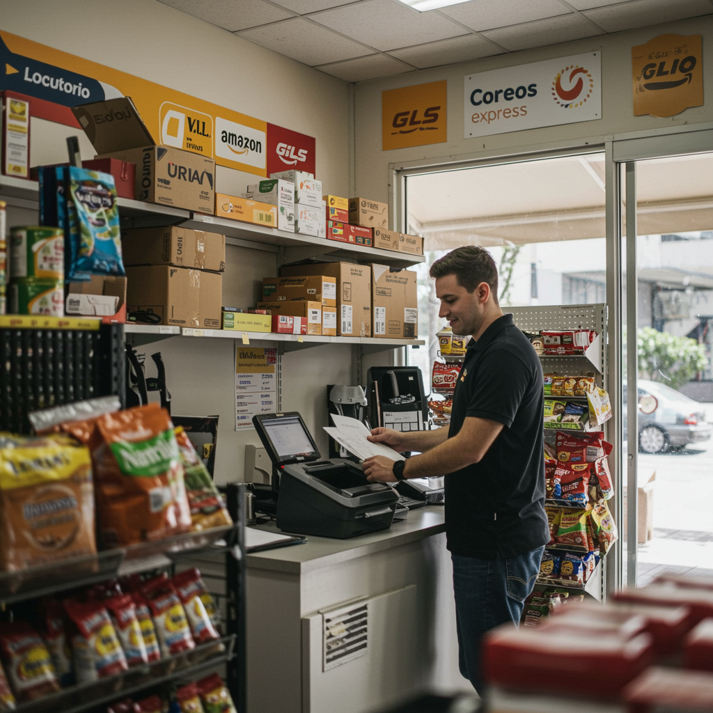 imagen5 "Empleado de Locutorio Mamadou asistiendo a un cliente con un escáner, en un ambiente profesional y acogedor, rodeado de productos latinos y logos de Amazon, GLS y Correos Express."
