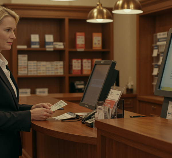 slider "Imagen de una empresaria blanca en el mostrador de Locutorio Mamadou, realizando un envío de dinero con un formulario, destacando la confianza y profesionalismo en servicios financieros."